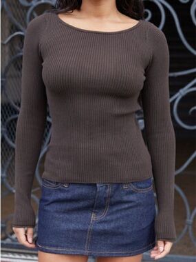 Brandy Melville Jennie Ribbed Long Sleeve Top - Brown